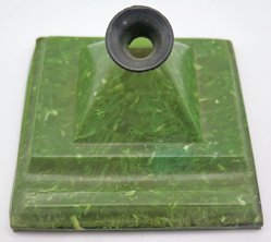 ITEM #5856: JADE GREEN PLASTIC SHEAFFER DESK PEN INSERT FOR DESK LAMP. Most of these are missing from the lamp as they have been lost. This insert is in great condition. Measures 3.5" x 3.38"