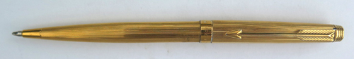 6252: PARKER 75 GOLD PLATED, CAP ACTUATED BALLPOINT PEN. Inscription on side of cap "LOVE NEVER FAILS 04-03-89"