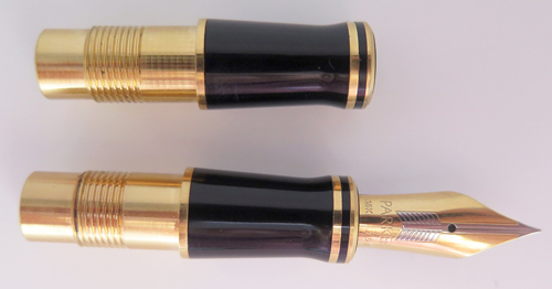 #6370: PARKER CENTENNIAL DUOFOLD NIB/FEED/SECTION. TWO-TONE 18K ARROW NIB. SECTION HAS 2 BANDS ON FRONT END. DESIGN IS STRAIT ARROW, NO WORDING