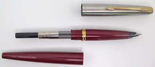 ITEM #6500: PARKER 45 FOUNTAIN PEN NOS IN BURGUNDY. BROAD OCTAIUM NIB. GOLD PLATED TRIM. Comes with Parker piston converter.