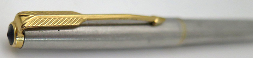 SLENDER PARKER 61 CAP ACTUATED FLIGHTER BALL POINT WITH DOUBLE GOLD BANDS. BLACK JEWEL. GOLD PLATED TRIM. IN BOX. UNCOMMON PEN!
