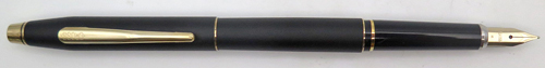 ITEM #4826: MATTE BLACK CROSS FOUNTAIN PEN WITH GOLD TRIM. CROSS GOLD PLATED NIB IS IN MEDIUM. INCLUDES CROSS CONVERTER.