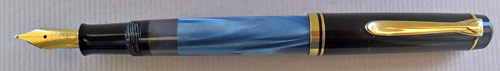 #6223: PELIKAN MODLE 200 IN BLACK WITH BLUE/GREY BINDE, FROM 1980s. NEW OLD STOCK WITH DOUBLE BROAD NIB. PISTON FILLING, NEVER INKED