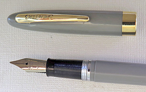 6247: SHEAFFER SNORKEL SPECIAL IN PASTEL GREY. OPEN PALLADIUM MED NIB WITH A LITTLE BIT OF FLEX