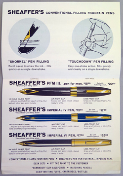 POS brochure showing different models of then current Sheaffer Pens. Including colored illustrations of PFMs, Lady Sheaffer, 500, 800, 1,000, Compact II, imperial nibs, desk sets, reminder clips and Skrip ink.