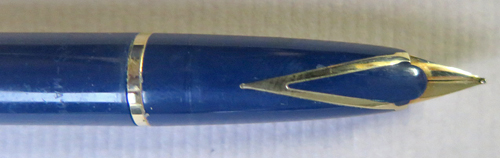 6308: SHEAFFER TOUCHDOWN IN BLUE WITH DOPHINE NOSE 14K INLAID NIB. GOLD FILL CLIP SAYS "SHEAFFER'S"