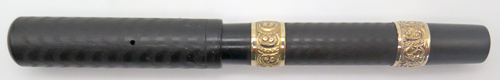 ITEM #6444: RARE WATERMAN EYEDROPPER 16 FOUNTIAN PEN IN BLACK CHASED HARD RUBBER. STONG CHASING AND NO BROWING ON SURFACE. IDEAL NEW YORK #6 FLEXIBLE 14K NIB IN FINE/MEDIUM. TWO GOLD FILL HAND-WORKED BANDS.