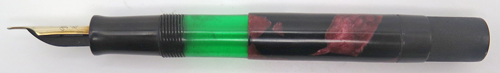 ITEM #6445: PELIKAN FANTASY 100 WITH BURGANDY MARBLE BINDE. FLEXIBLE FINE 14K NIB. GREEN PELIKAN IMPRINT ON THE TASSIE. 14K GOLD FILL TRIM.