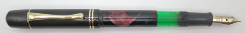 ITEM #6445: PELIKAN FANTASY 100 WITH BURGANDY MARBLE BINDE. FLEXIBLE FINE 14K NIB. GREEN PELIKAN IMPRINT ON THE TASSIE. 14K GOLD FILL TRIM.