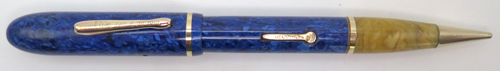 ITEM #6458: CONKLIN COMBO WITH BROAD NIB IN 14K. FOUNTAIN PEN BARREL IN MARBLE BLUE. COLOR MISMATCH ON THE PENCIL SECTION IN MARBLED ONYX/TAN. FULLY FUNCTIONAL.