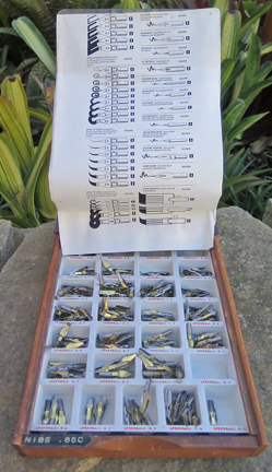 ITEM #6473: SPEEDBALL POS DISPLAY BOX WITH VARIED OTPTIONS OF POINT STYLES FOR VICTORIAN STEEL PENS. NUMBEROUS NEW, UNUSED POINT STYLES & SIZES. Glass top, wooden box with 25 compartments.