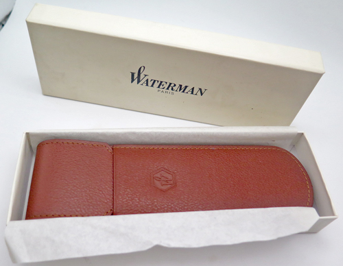 ITEM #6483: WATERMAN FRENCH MADE LEATHER CASE IN BEIGE. HOLDS 2 PENS. NOS/NEVER USED. IN BOX.