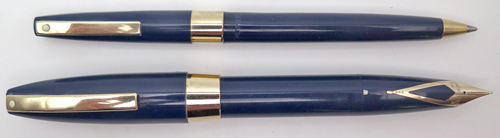 ITEM #6563: SHEAFFER PFM III SET IN NAVY/NOCTURNE. NIB IS FINE 14K. TRIM IS GOLD FILLED. BALL POINT WITH REMINDER CLIP.