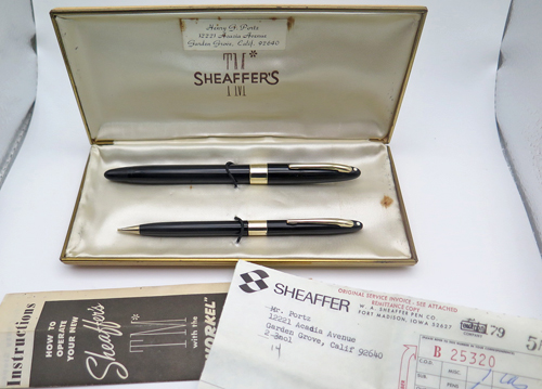 ITEM #6570: SHEAFER SNORKEL + PENCIL SET IN BLACK. GOLD FILL TRIM. MEDIUM 14K INLAID NIB. IN BOX WITH PAPERS. 