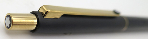 ITEM #6623: MONT BLACK SL-LINE MATTE BLACK CLICKER BALLPOINT. GOLD PLATED TRIM. Small dent on barrel.