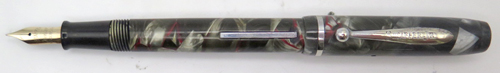 ITEM #6630: SHEAFFER JUNIOR FOUNTAIN PEN IN GREEN/GREY MARBLE WITH RED VEINS. IMPRINT OF "SHEAFFER JUNIOR" ON BOTH BARREL AND NIB. GOLD OPEN NIB IS FINE. 