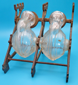 ITEM #6658: VICTOIRAN TATUM'S REVOLVING DOUBLE SNAIL INKWELL + PEN HOLDER. CLEAR GLASS ROTATING INKWELL + CAST IRON FRAME. NOT STAMPED TATUM.