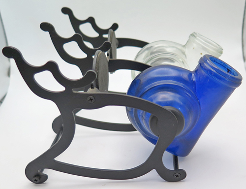 ITEM #6659: LEVENGER DOUBLE REVOLVING SNAIL INKWELL & PEN HOLDER. 1 CLEAR + 1 BLUE GLASS ROTATING INKWELL IWTH BLACK METAL FRAME AND NEOPRENE SEALS. GREAT CONTIDION.