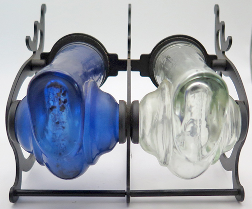 ITEM #6659: LEVENGER DOUBLE REVOLVING SNAIL INKWELL & PEN HOLDER. 1 CLEAR + 1 BLUE GLASS ROTATING INKWELL IWTH BLACK METAL FRAME AND NEOPRENE SEALS. GREAT CONTIDION.
