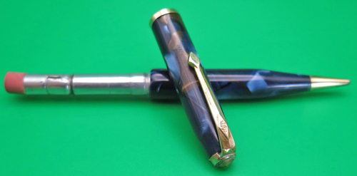 ITEM #6673: CONWAY STUART #25 DINKY PENCIL IN BLUE/PEARL MARBLE. GOLD FILLED TRIM.