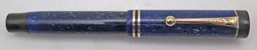 ITEM #6760: PARKER DUOFOLD JR LUCY CURVE FOUNTAIN PEN IN LAPIS WITH WHITE FLECKS. FLAT TOP. FLEXIBLE BROAD NIB IS INSCRIBED "PARKER DUOFOLD PEN MADE IN USA." GOLD FILLED TRIM. NO BRASSING. BUTTON FILLER.