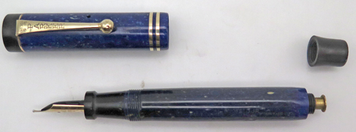 ITEM #6760: PARKER DUOFOLD JR LUCY CURVE FOUNTAIN PEN IN LAPIS WITH WHITE FLECKS. FLAT TOP. FLEXIBLE BROAD NIB IS INSCRIBED "PARKER DUOFOLD PEN MADE IN USA." GOLD FILLED TRIM. NO BRASSING. BUTTON FILLER.