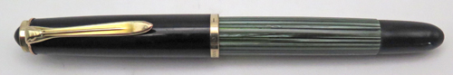 ITEM #6766: PELIKAN 400 SOVEREIGN FOUNTAIN PEN IN BINDE GREEN STRIPE. GOLD FILL TRIM. FLEXIBLE NIB IN BROAD WITH "C14" IMPRINT. MADE IN GERMANY.