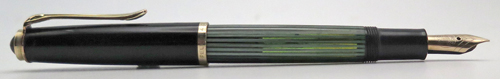 ITEM #6766: PELIKAN 400 SOVEREIGN FOUNTAIN PEN IN BINDE GREEN STRIPE. GOLD FILL TRIM. FLEXIBLE NIB IN BROAD WITH "C14" IMPRINT. MADE IN GERMANY.