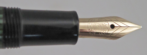 ITEM #6766: PELIKAN 400 SOVEREIGN FOUNTAIN PEN IN BINDE GREEN STRIPE. GOLD FILL TRIM. FLEXIBLE NIB IN BROAD WITH "C14" IMPRINT. MADE IN GERMANY.