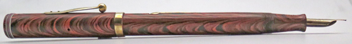 ITEM #6774: WATERMAN FOUNTAIN PEN #7 IN RED RIPPLE. "PINK" COLOR CODED NIB WHICH INDICATES A FLEX NIB. KEYHOLE BREATHER HOLE IN MEDIUM NIB. LEVER FILLER. CLEAR IMPRINT. 