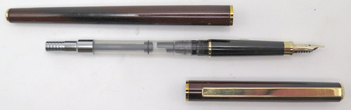 ITEM #6838: SAILOR CHALANA ULTRA SLIM IN BROWN LACQUER W BLACK SECTION + JEWELS, 14K "SAILOR" NIB IN EXTRA FINE. GOLD PLATED TRIM. 