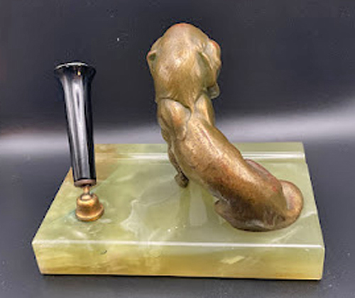 ITEM #6842: GREEN MARBLE DESK BASE WITH BRONZE SPANIEL DOG, SITTING. 