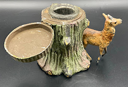 ITEM #6847: HEYDE METAL TREE STUMP WITH DEER INKWELL WITH LID. Has ceramic insert.