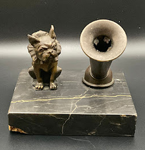 ITEM #6848: CONKLIN MARBLE BASE WITH BRONZE FRENCH BULL DOG. MARBLE IS BLACK WITH VEINING. DIMENSION OF BASE IS 4x3x3 INCHES. Large chip on corner of base. 