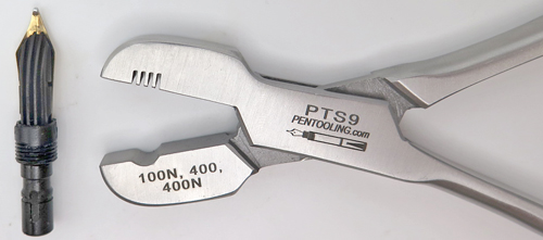 ITEM #PTS9: PELIKAN PLIERS WITH FOUR SLOTS FOR NIB/FEED REMOVAL OF PELIKAN 400, 400N & 100N. THESE PLIERS ARE DESIGNED TO REMOVE THE SCREW IN NIB/FEED ASSEBLEY. THERE ARE 4 SLOTS TO ACCEPT THE RIBS ON THE BOTTOM OF THE FEED. Make certain the slots are alligned with the feed before squeezing the pliers to avoid breaking feeds